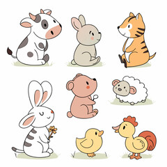 Collection Cute Cartoon Animals: Cow, Rabbit, Tiger, Koala, Dog, Cat, Mouse, Water Buffalo, Sheep, Horse, Frog, Hen, Chick & Eggs