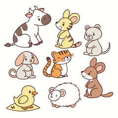 Collection Cute Cartoon Animals: Cow, Rabbit, Tiger, Koala, Dog, Cat, Mouse, Water Buffalo, Sheep, Horse, Frog, Hen, Chick & Eggs