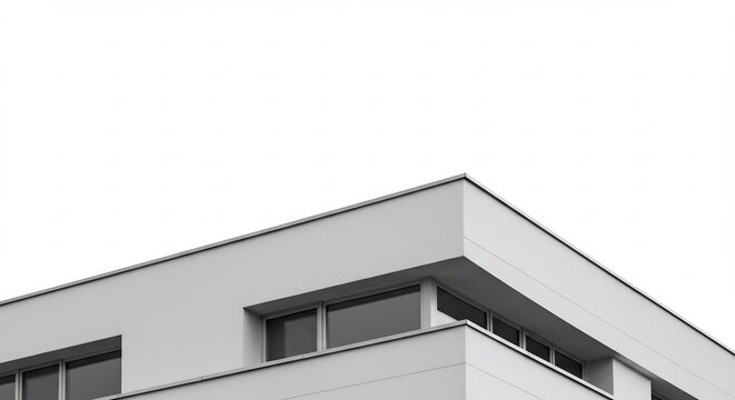 Minimalist architectural shot of a building corner, featuring clean white surfaces and geometric lines against a sky background. Ideal for modern architecture and design concepts. - Powered by Adobe