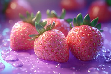 A vibrant arrangement of strawberries glistening with fresh dew on a soft pastel-colored backdrop