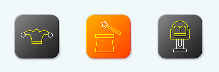 Set line Jester hat with bells, Magic and wand and Attraction carousel icon. Vector