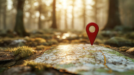 red location marker stands out on nature map in serene forest