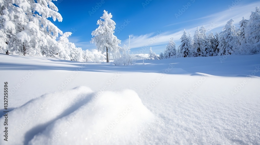 Aufkleber pristine snowy landscape with trees covered in frost under a clear blue winter sky : generative ai