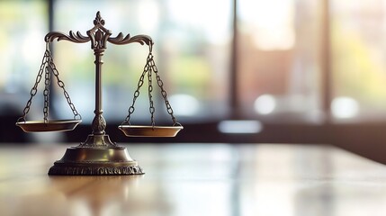 Elegant balanced scales symbolizing justice and legal systems in a softly lit office environment : Generative AI