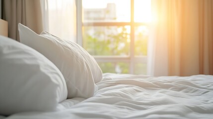 Cozy bedroom with white pillows and sunlight streaming through a large window : Generative AI