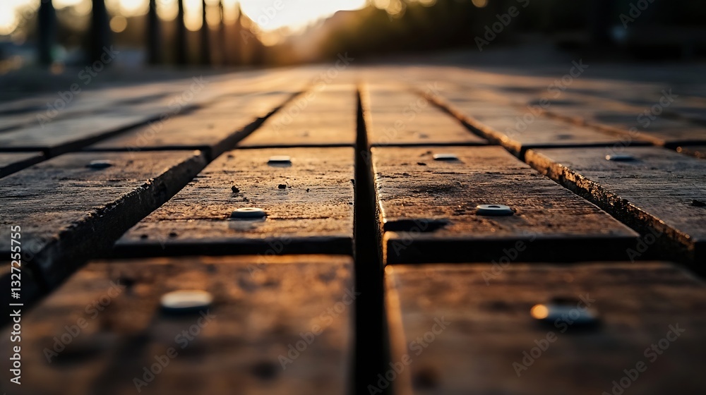 Aufkleber Closeup view of wooden walkway planks illuminated by golden sunlight creating a warm and inviting path : Generative AI