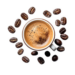 Set of various cup of coffee with beans, top view, isolated on transparent background