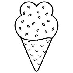 Sweet Ice Cream Cone Line Art with Spiral Texture and Heart Toppings