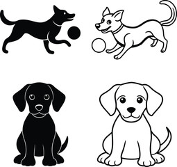 Playful Puppies and Dogs Black and White Canine Illustrations