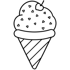 Sweet Ice Cream Cone Line Art with Spiral Texture and Heart Toppings