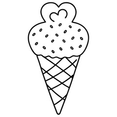 Sweet Ice Cream Cone Line Art with Spiral Texture and Heart Toppings