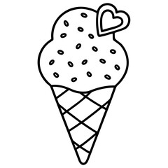 Sweet Ice Cream Cone Line Art with Spiral Texture and Heart Toppings