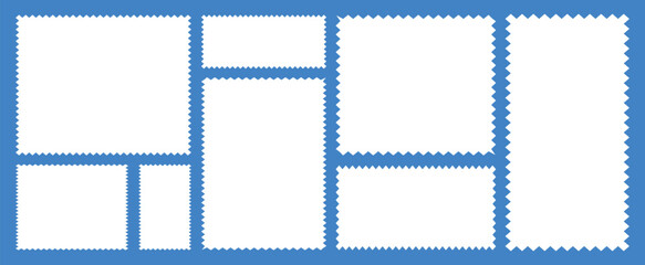 Postage stamp borders set vector. Wavy edge frame or shape. Set of frames in shape of squares and rectangles of various sizes with zigzag edges