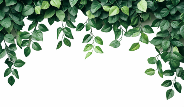 lush green leaves forming a natural frame isolated on white background .PNG