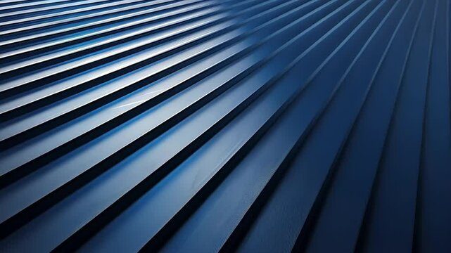 Abstract metallic surface with parallel lines.  Dark, deep blue corrugated metal panels, sleek and modern.  Smooth, polished effect