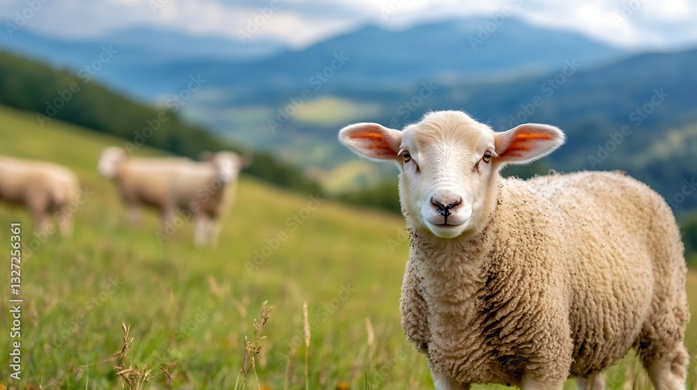 Poster adorable sheep grazing in a vibrant green meadow with rolling hills and mountains in the background 