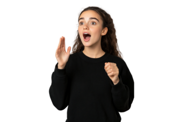 Surprised young woman with raised hands, isolated on transparent background