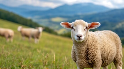 Obraz premium Adorable sheep grazing in a vibrant green meadow with rolling hills and mountains in the background : Generative AI