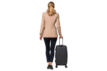 Businesswoman with suitcase walking away, isolated on transparent background