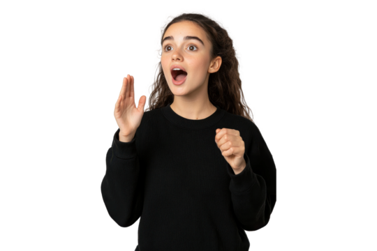 Surprised young woman with raised hands, isolated on transparent background