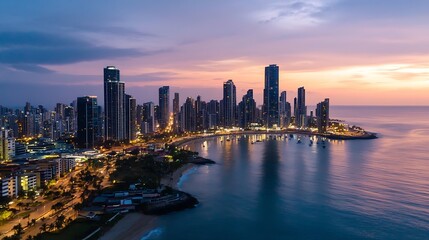 Obraz premium Breathtaking Aerial View of Modern City Skyline Glimmering by the Ocean at Dusk : Generative AI