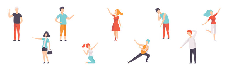 People Character Indicating Something Pointing with Index Finger as Hand Gesture Specifying Direction Vector Set