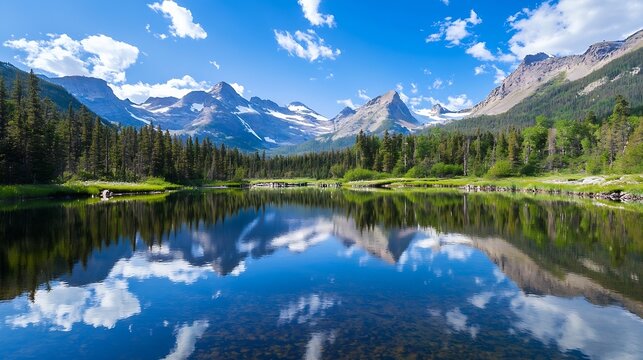 Breathtaking mountain landscape with clear blue skies and a reflective lake surrounded by lush green forests : Generative AI - Powered by Adobe