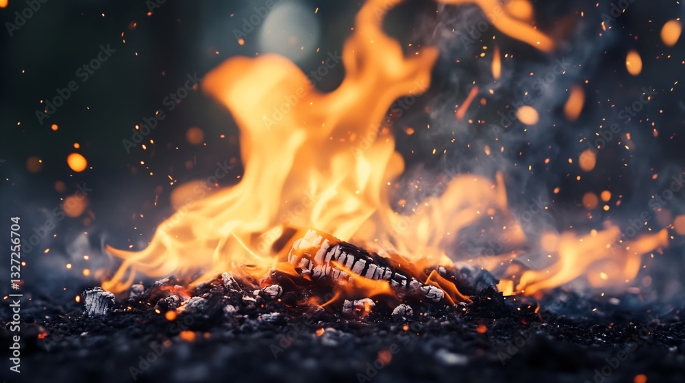 Poster intense flames and glowing embers creating a mesmerizing fire scene in natural outdoor setting : gen