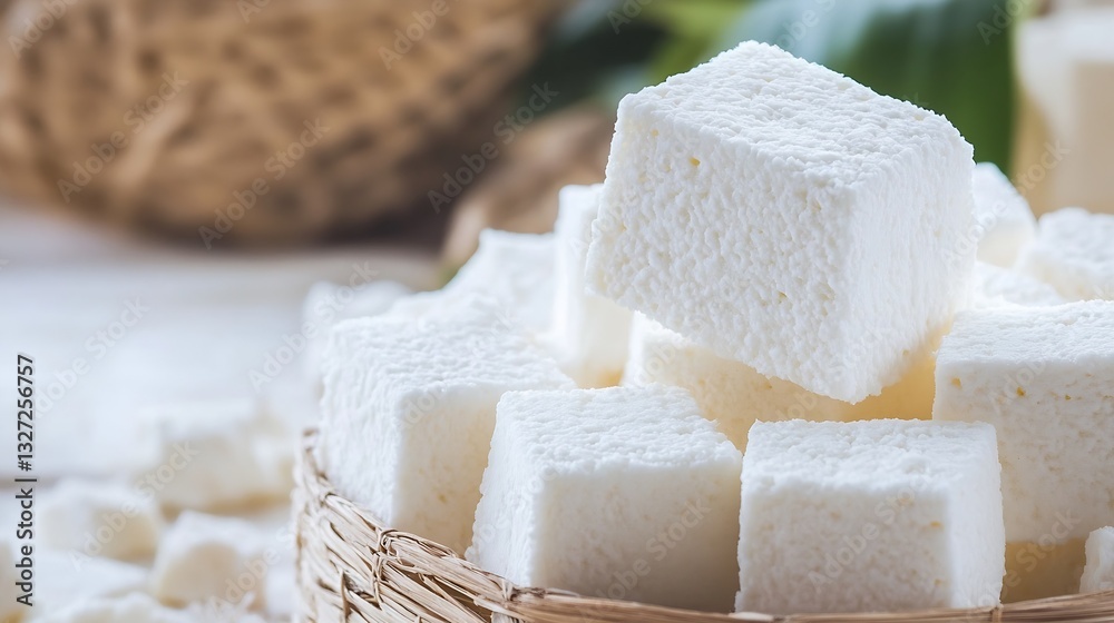 Poster pure white sugar cubes arranged neatly in a natural basket on a rustic wooden table : generative ai