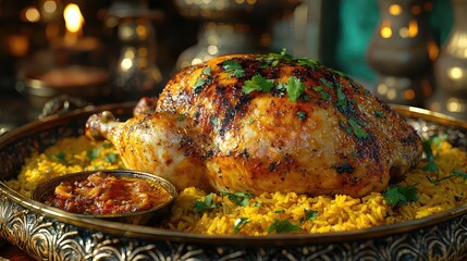 Roasted Chicken with Saffron Rice Festive Middle Eastern Cuisine Delicious Golden Brown Roasted Chicken Served on Ornate Tray with Aromatic Rice and Spicy Sauce