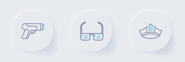 Fototapeta premium Set line Police cap with cockade, Safety goggle glasses and electric shocker icon. Vector