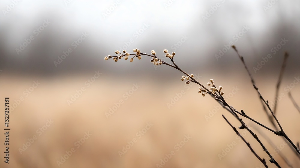Poster Delicate branch with blooming buds set against a soft blurred background creating a tranquil atmosphere : Generative AI