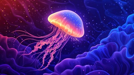 A glowing jellyfish swims amongst swirling cosmic clouds peacefully