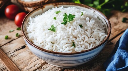 Freshly cooked rice in a bowl on rustic wood