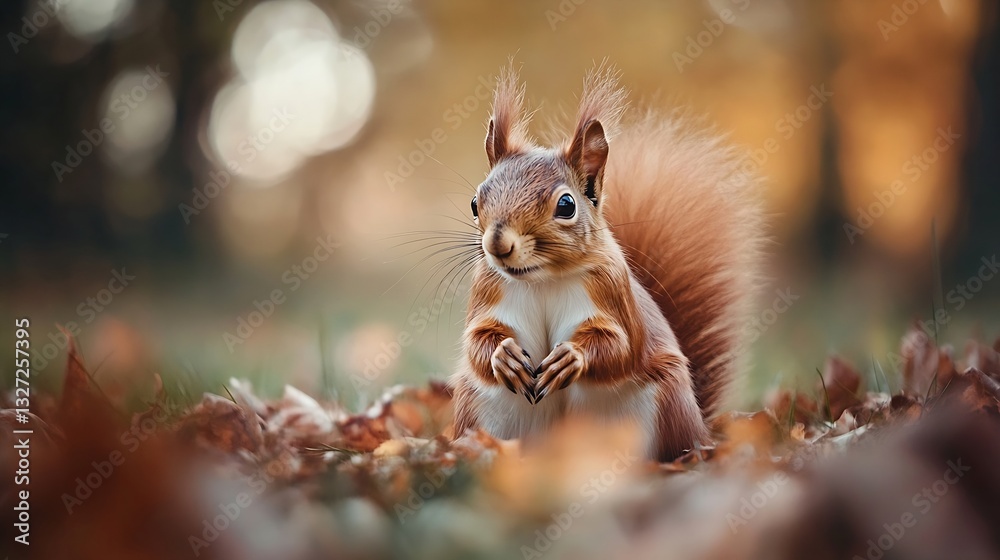 Poster charming red squirrel sitting among autumn leaves with a playful expression in natural habitat : gen