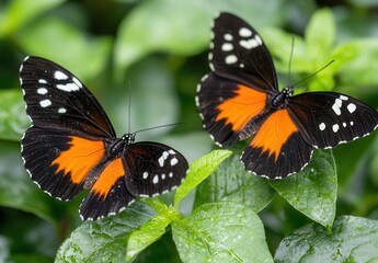 Fototapeta premium Two vibrant orange and black butterflies rest on lush green leaves, showcasing their striking wing patterns.