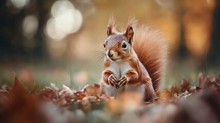 Fototapeta premium Charming Red Squirrel Sitting Among Autumn Leaves with a Playful Expression in Natural Habitat : Generative AI