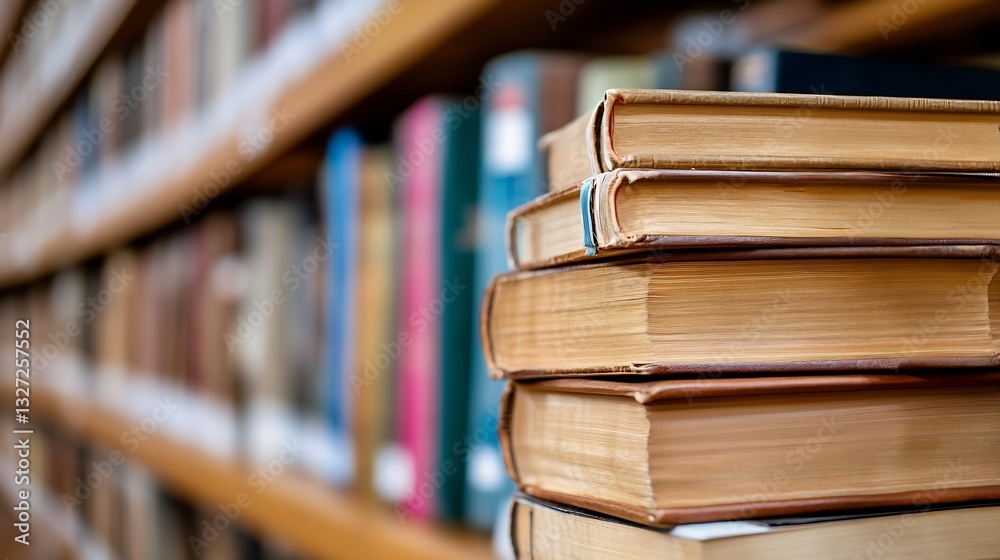 Poster Stacks of antique books on a shelf capturing the beauty of knowledge and history in a library : Generative AI