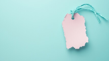 A blank tag with a scalloped edge hangs by a teal string against a light teal background, ideal for labeling or decoration.