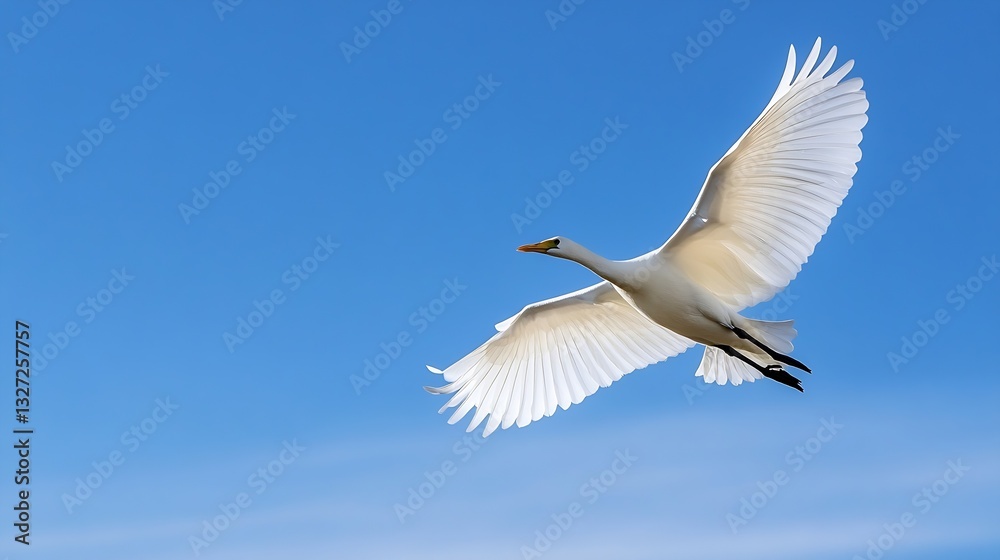 Poster elegant white bird in flight against a bright blue sky with fluffy clouds : generative ai