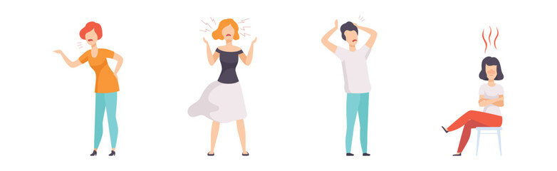 Angry and Furious People Characters Shouting and Steaming Vector Set