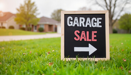 Garage sale sign directing buyers on grassy lawn, community event
