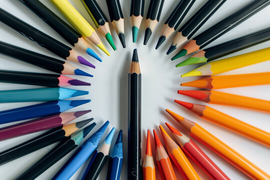 A colorful circle of arranged color pencils with a single black pencil standing prominently in the middle. The pencils create an artistic arrangement of color, showcasing the potential for creativity.