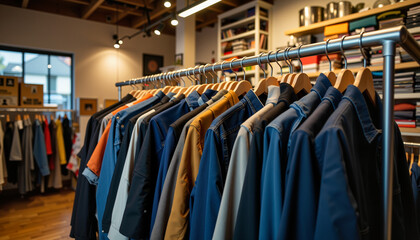 Fototapeta premium Stylish jackets hanging on rack in industrial shop, fashion showcase
