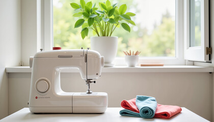 Minimalist kawaii sewing machine in sunlit corner, creative inspiration