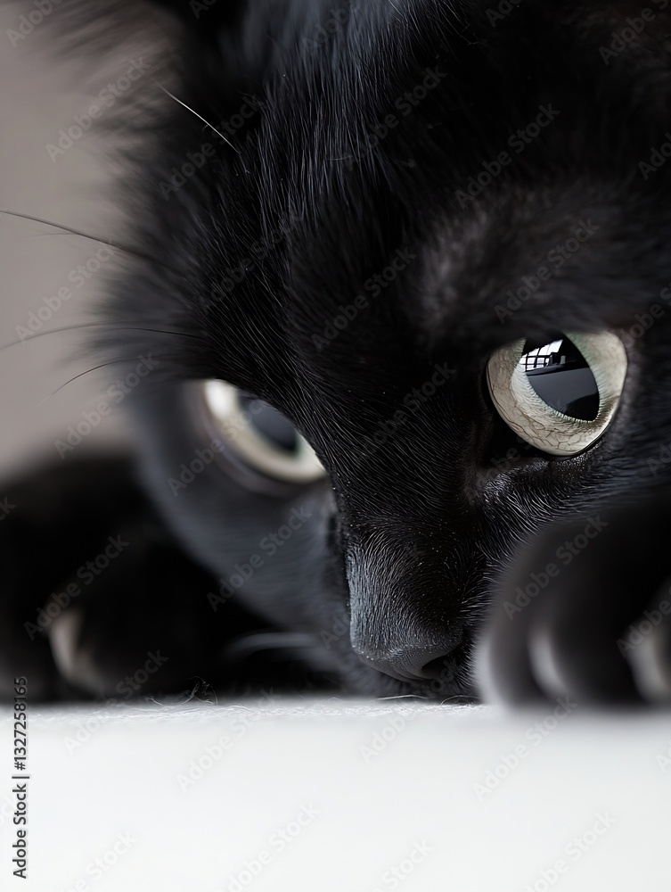 Poster closeup of a black cat's face capturing its fierce gaze and striking details in soft lighting : gene