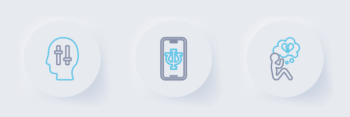 Fototapeta premium Set line Broken heart or divorce, Psychologist online and Solution to the problem icon. Vector