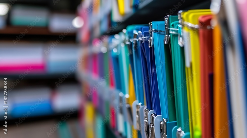 Poster colorful folder files neatly organized on shelves in a modern office or workspace environment : gene