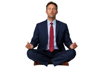 Businessman in suit meditating with closed eyes, isolated on transparent background