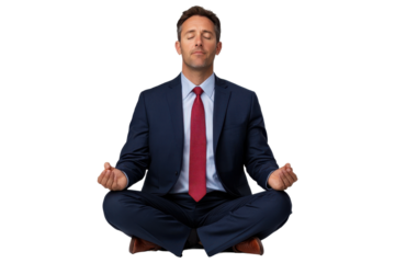 Businessman in suit meditating with closed eyes, isolated on transparent background